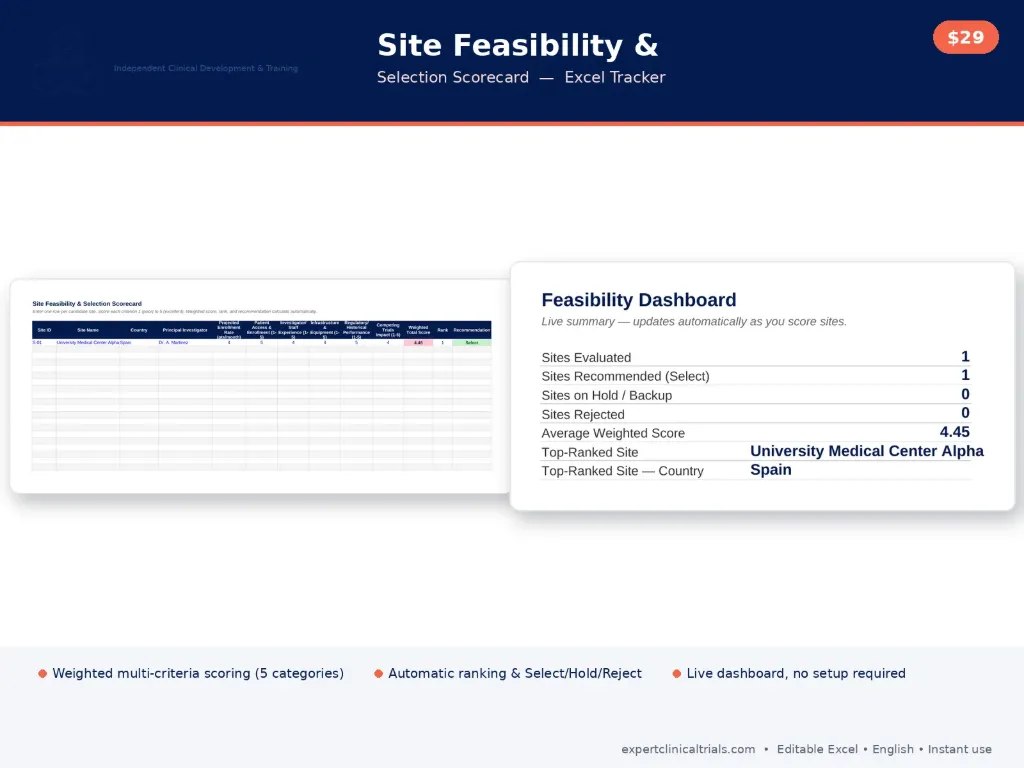 Site Feasibility & Selection Scorecard (Excel Tracker)